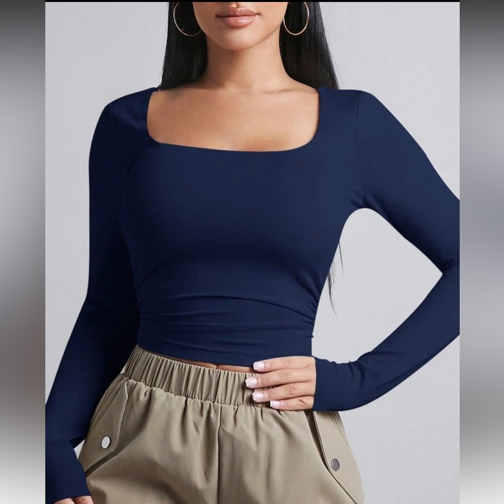 NWOT SHEIN Women’s XS Navy Blue Cropped Square Neck Ruched Tee